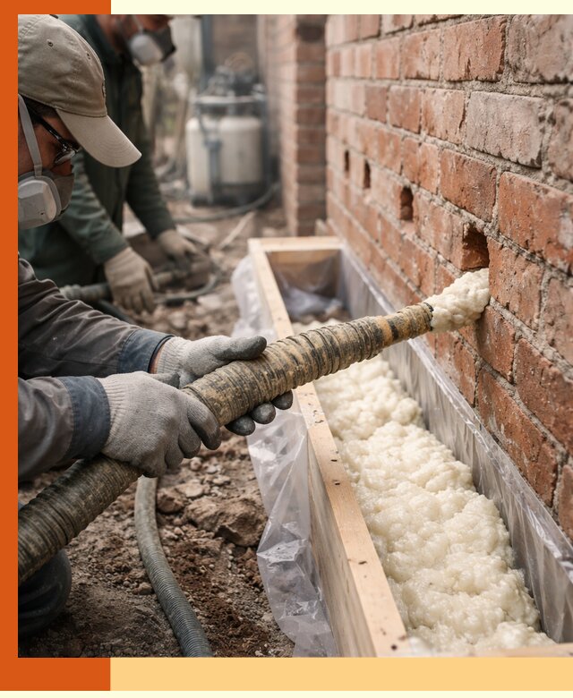 Заливка ППУ в пустоты кирпичной стены в Михайловке