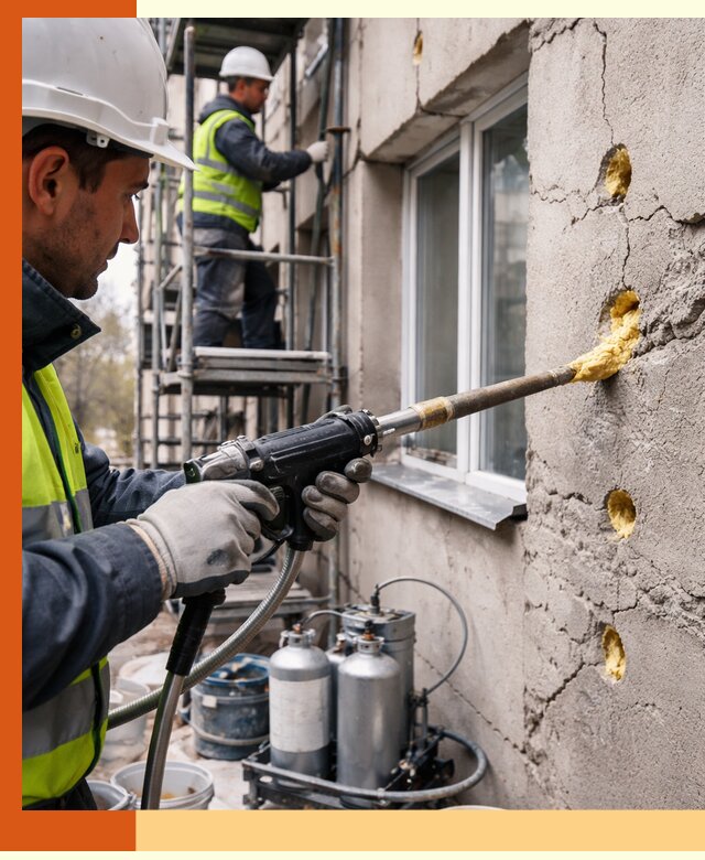 Заполнение пустот в фасаде и утепление стен в Михайловке