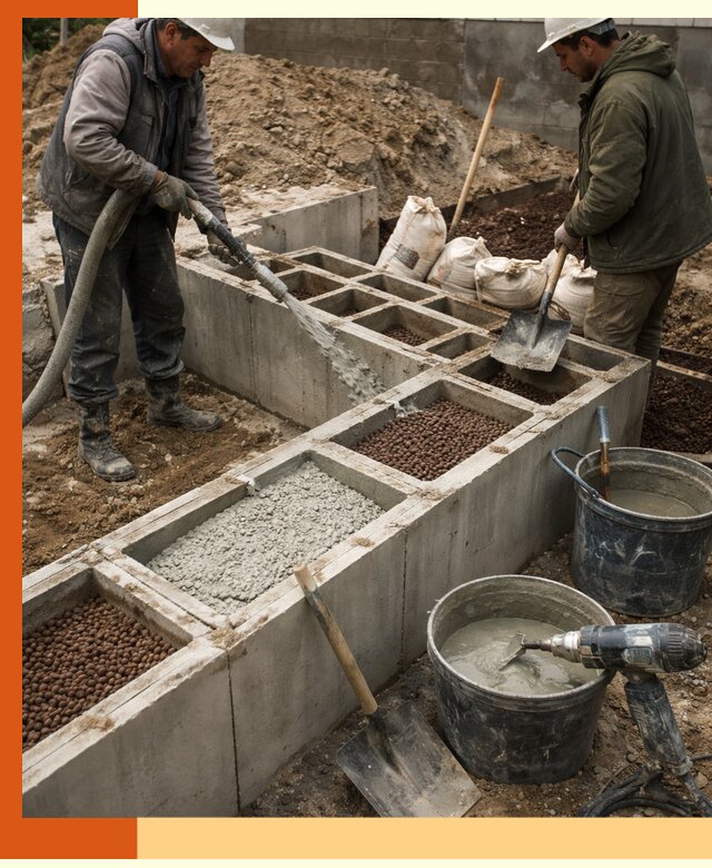 Заполнение полостей фундамента в Михайловке герметичным утеплением и повышением прочности